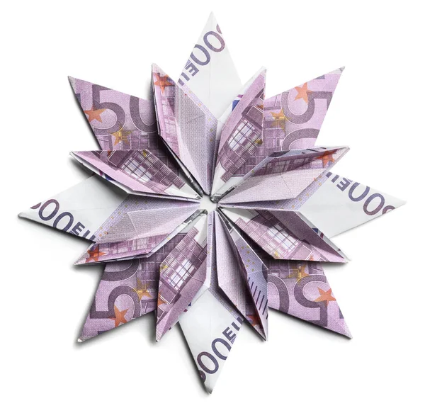 500 Euro banknote in the shape of a snowflake on a white background — Stock Photo, Image