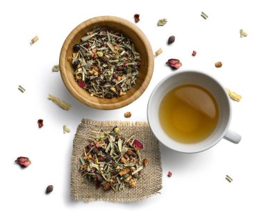 Beyaz arka planda bitki çayı ve kupa. Yukarıdan görünüşü