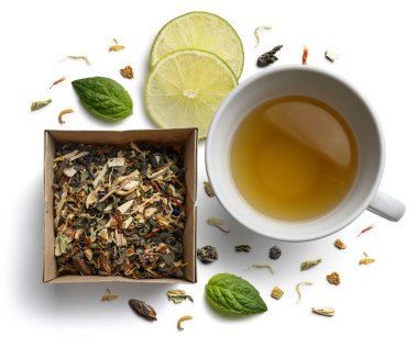 Green tea with natural aromatic additives and a cup. Top view on white background clipart