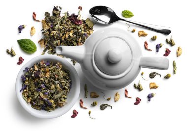 Green tea with natural flavors and a teapot. Top view on white background clipart
