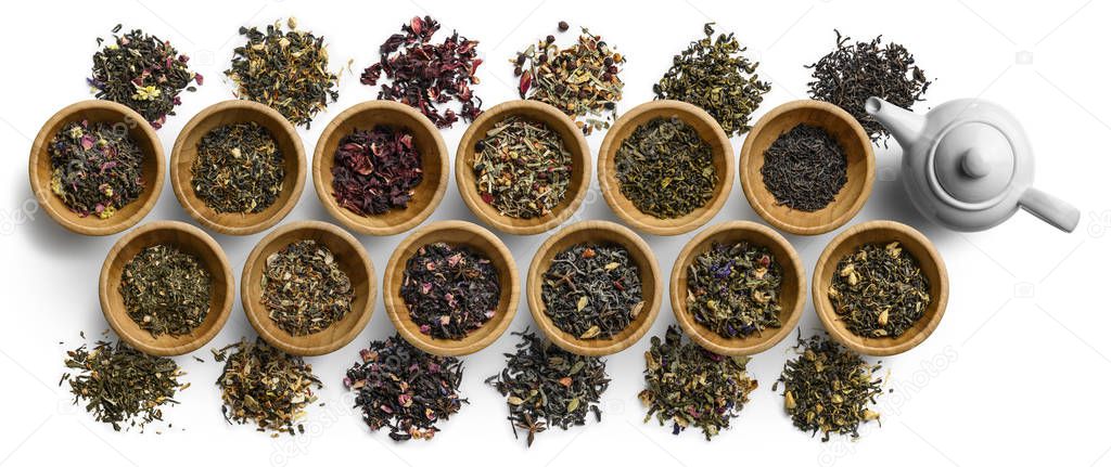 Large set of tea on a white background. The view from the top