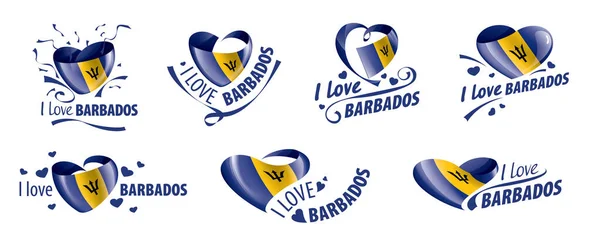 Bandera nacional de Barbados en forma de corazón y la inscripción Me encanta Barbados. Ilustración vectorial — Vector de stock