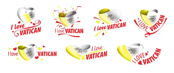Vatikánská vlajka ve tvaru srdce a nápis Miluji Vatikán. Vektorová ilustrace — Stockový vektor