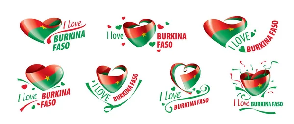 Bandeira nacional do Burkina Faso em forma de coração e a inscrição Eu amo Burkina Faso. Ilustração vetorial — Vetor de Stock