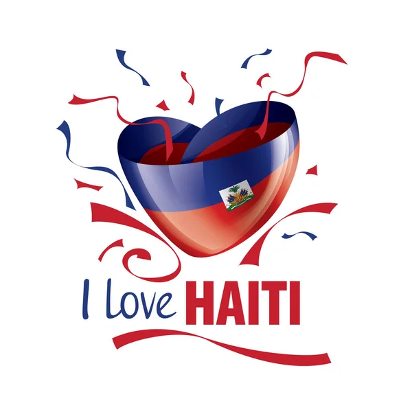 Národní vlajka Haiti ve tvaru srdce a nápis Miluji Haiti. Vektorová ilustrace — Stockový vektor
