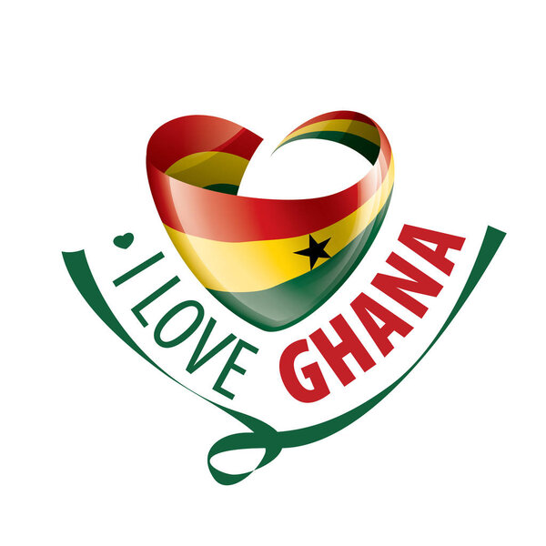National flag of the Ghana in the shape of a heart and the inscription I love Ghana. Vector illustration
