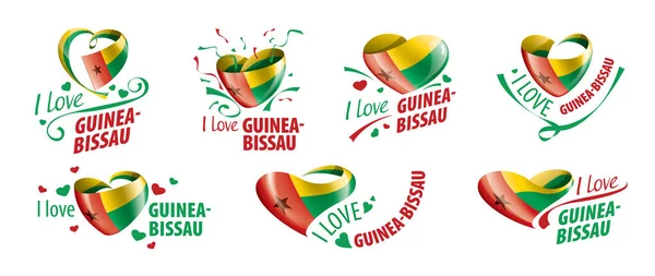 Gine Bissau 'nun kalp şeklinde ulusal bayrağı ve Gine Bissau' ya bayılıyorum. Vektör illüstrasyonu — Stok Vektör