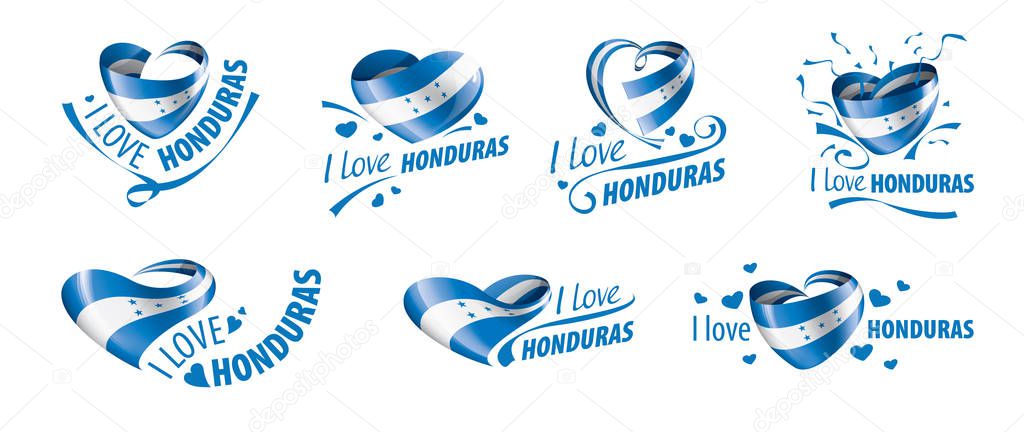 National flag of the Honduras in the shape of a heart and the inscription I love Honduras. Vector illustration
