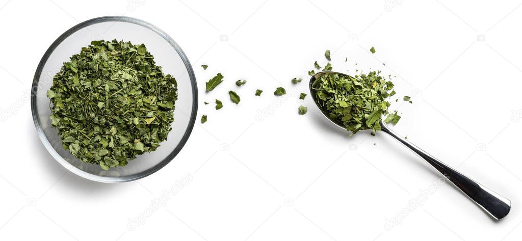 Dried Moringa on a white background. The view from the top