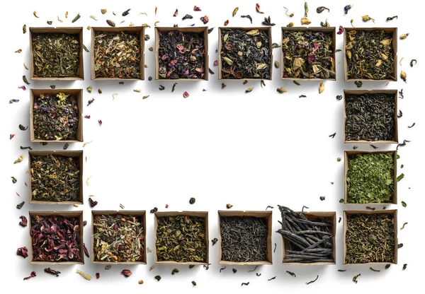 Large assortment of teas in the form of a frame on a white background. The view from the top — 스톡 사진