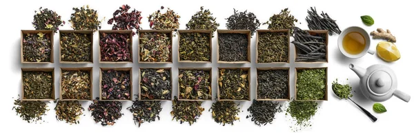 Große Auswahl an Tee auf weißem Hintergrund. der Blick von oben — Stockfoto