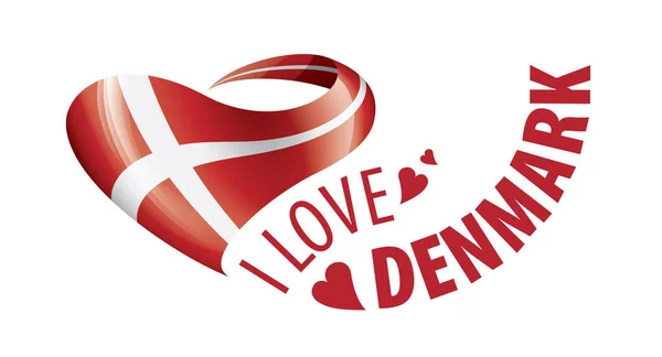 Flaga narodowa Danii w kształcie serca i napis I love Denmark. Ilustracja wektora — Wektor stockowy