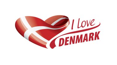 Danimarka 'nın ulusal bayrağı kalp şeklinde ve Danimarka' yı sevdiğim yazılı. Vektör illüstrasyonu