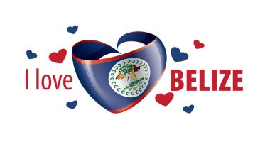 Belize 'nin ulusal bayrağı kalp şeklinde ve Belize' i sevdiğim yazılı. Vektör illüstrasyonu