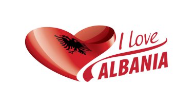 Arnavutluk 'un ulusal bayrağı kalp şeklinde ve Arnavutluk' u sevdiğim yazılı. Vektör illüstrasyonu