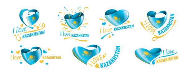 Государственный флаг Казахстана в форме сердца и надпись "Я люблю Казахстан". Векторная иллюстрация
