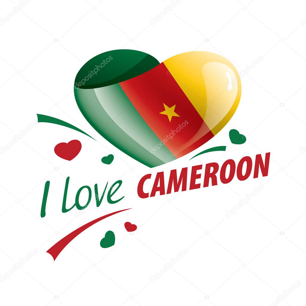 National flag of the Cameroon in the shape of a heart and the inscription I love Cameroon. Vector illustration