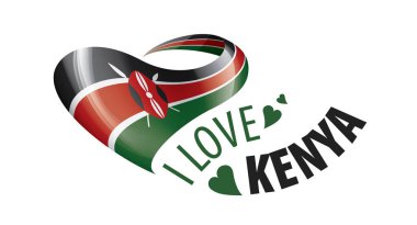 Kenya 'nın kalp şeklinde ulusal bayrağı ve Kenya' yı sevdiğim yazılı yazı. Vektör illüstrasyonu