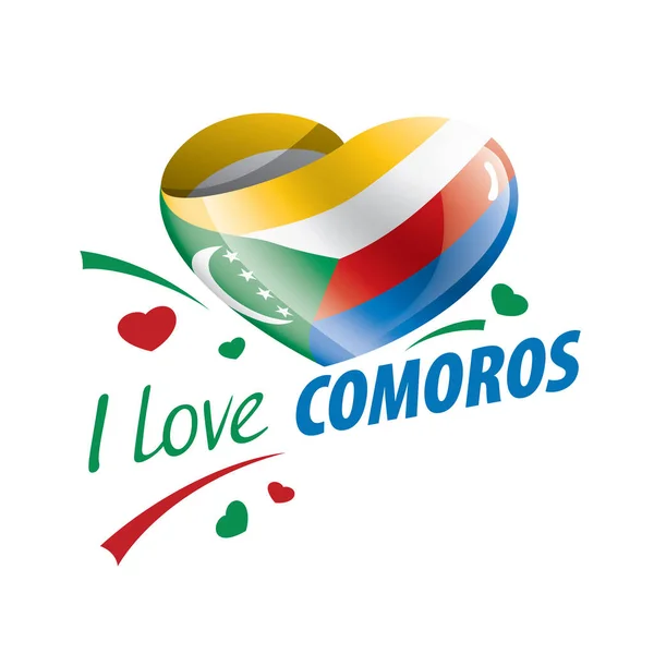 Bandera nacional de las Comoras en forma de corazón y la inscripción Me encanta Comoras. Ilustración vectorial — Vector de stock