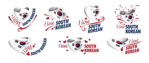 National flag of the South Korean in the shape of a heart and the inscription I love South Korean. Vector illustration
