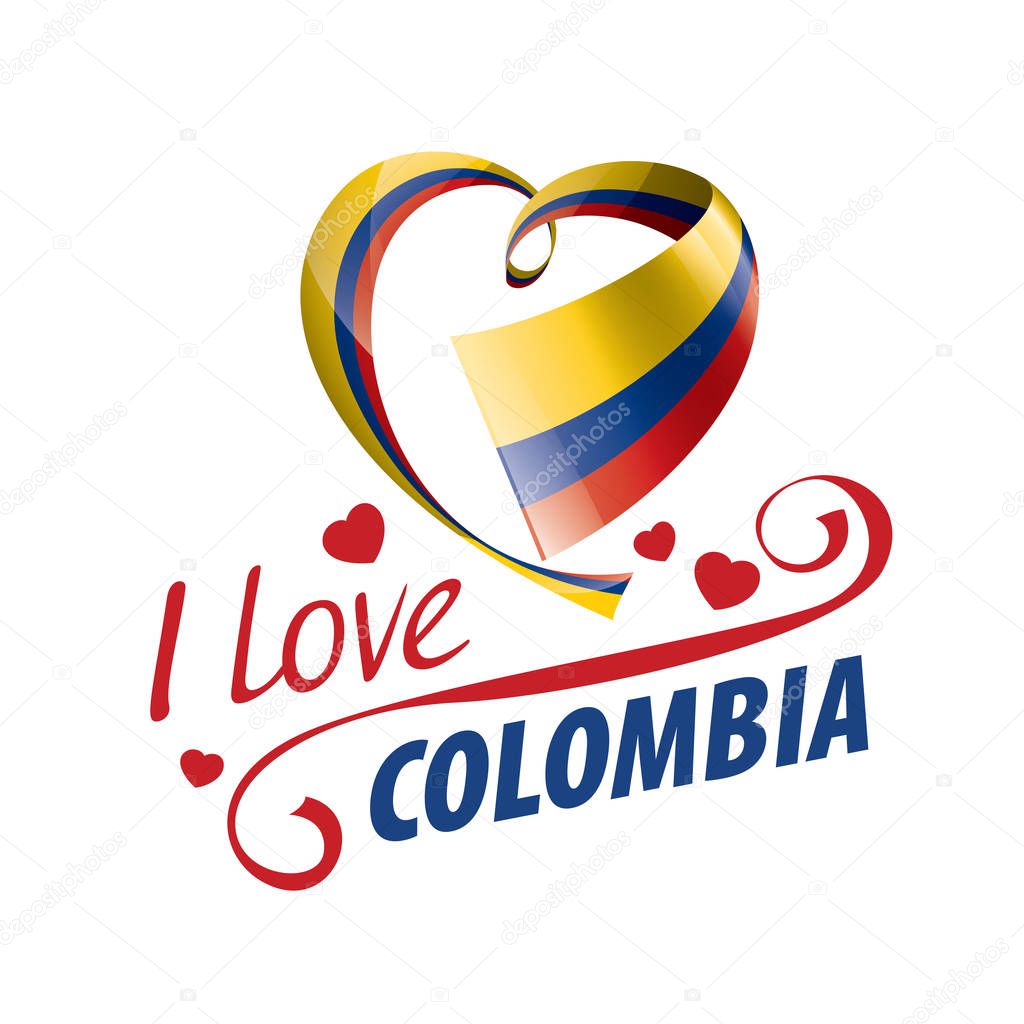 National flag of the Colombia in the shape of a heart and the inscription I love Colombia. Vector illustration