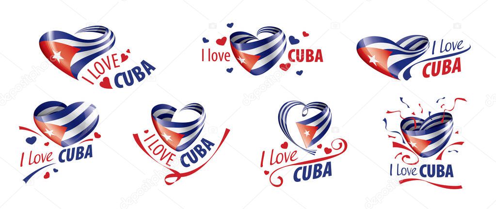 National flag of the Cuba in the shape of a heart and the inscription I love Cuba. Vector illustration