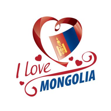 National flag of the Mongolia in the shape of a heart and the inscription I love Mongolia. Vector illustration