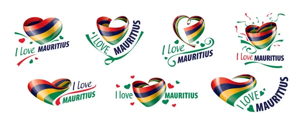 National flag of the Mauritius in the shape of a heart and the inscription I love Mauritius. Vector illustration — Stock vektor