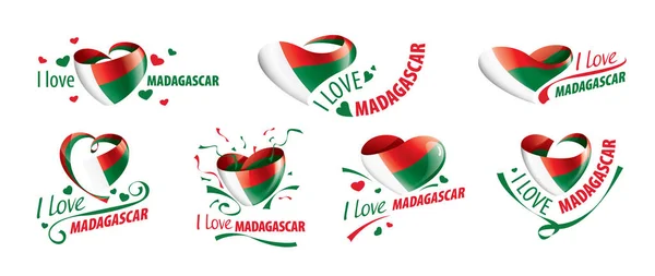 Bandera nacional de Madagascar en forma de corazón y la inscripción Me encanta Madagascar. Ilustración vectorial — Archivo Imágenes Vectoriales