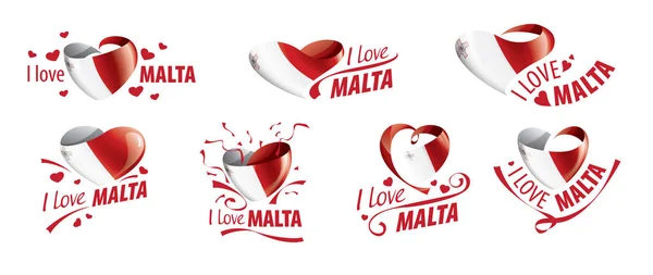 National flag of the Malta in the shape of a heart and the inscription I love Malta. Vector illustration — Stock vektor