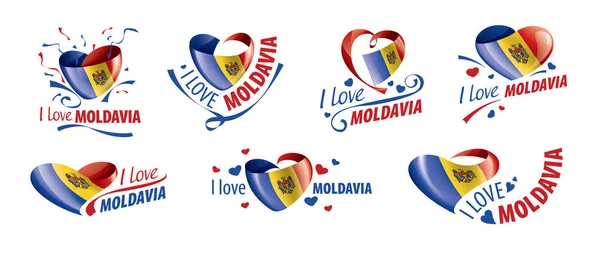 Drapeau national de la Moldavie en forme de cœur et l'inscription que j'aime la Moldavie. Illustration vectorielle — Image vectorielle