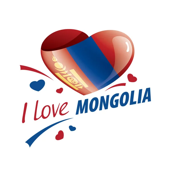 National flag of the Mongolia in the shape of a heart and the inscription I love Mongolia. Vector illustration — ストックベクタ