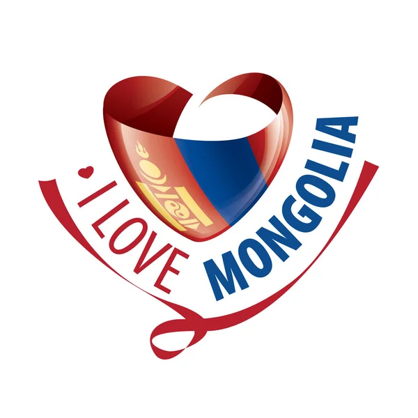 National flag of the Mongolia in the shape of a heart and the inscription I love Mongolia. Vector illustration — ストックベクタ