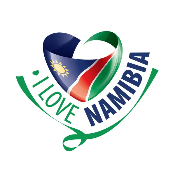 Nationalflagge der namibia in form eines herzens und der aufschrift i love namibia. Vektorillustration — Stockvektor