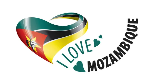 Εθνική σημαία της Μοζαμβίκης σε σχήμα καρδιάς και την επιγραφή αγαπώ Μοζαμβίκη. Εικονογράφηση διανύσματος — Διανυσματικό Αρχείο