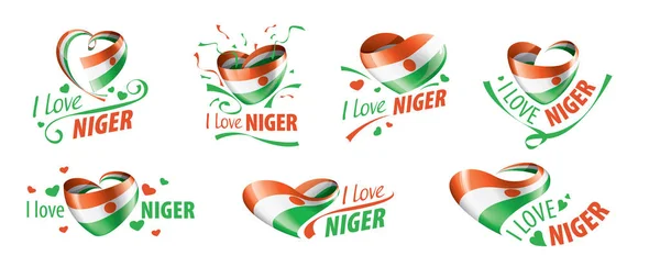 Nationalflagge des niger in form eines herzens und der aufschrift i love niger. Vektorillustration — Stockvektor