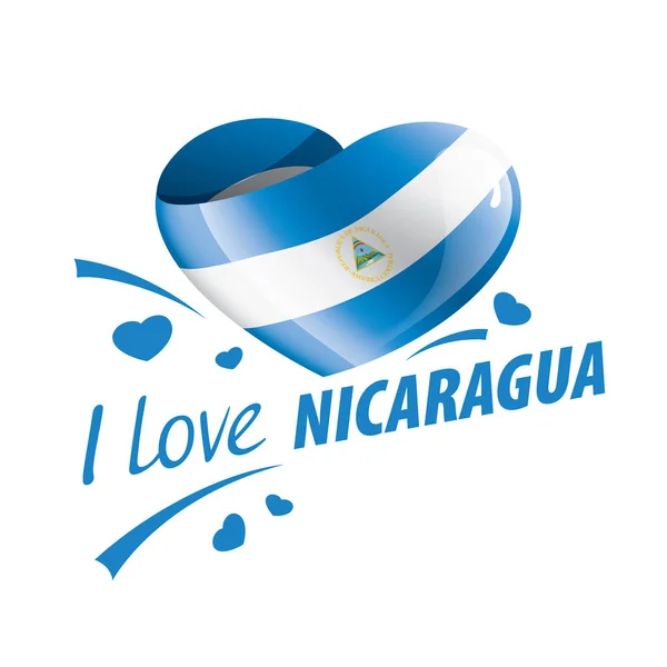 National flag of the Nicaragua in the shape of a heart and the inscription I love Nicaragua. Vector illustration — Stok Vektör