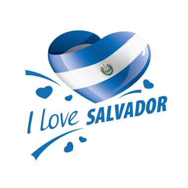 Salvador 'un kalp şeklinde ulusal bayrağı ve Salvador' u sevdiğim yazıt. Vektör illüstrasyonu