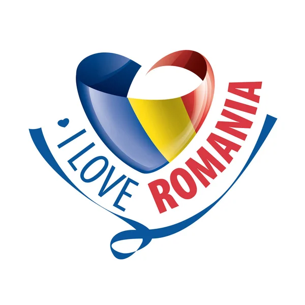 Nationalflagge Rumäniens in Form eines Herzens und der Aufschrift i love Romania. Vektorillustration — Stockvektor