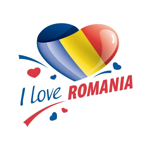 Flaga narodowa Rumunii w kształcie serca i napis I love Romania. Ilustracja wektora — Wektor stockowy