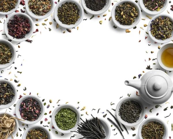 Large assortment of tea on a white background. The view from the top — 스톡 사진