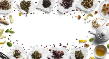 Large assortment of tea on a white background. The view from the top clipart