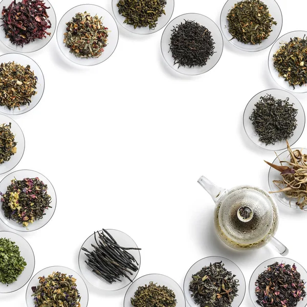Grande variedade de chá em um fundo branco. A vista de cima — Fotografia de Stock
