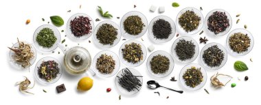 Large assortment of tea on a white background. The view from the top clipart