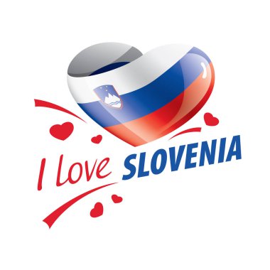 Slovenya 'nın kalp şeklinde ulusal bayrağı ve Slovenya' yı sevdiğim yazılı yazı. Vektör illüstrasyonu
