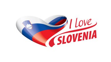 Slovenya 'nın kalp şeklinde ulusal bayrağı ve Slovenya' yı sevdiğim yazılı yazı. Vektör illüstrasyonu