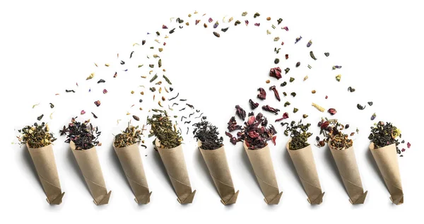 Large assortment of tea on a white background. The view from the top — Stock Photo, Image