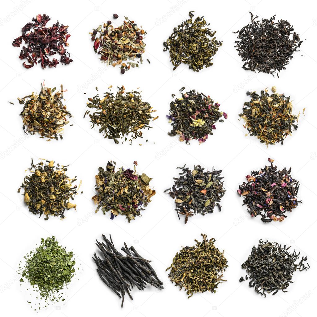 Large assortment of tea on a white background. The view from the top