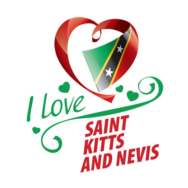 National flag of the Saint Kitts and Nevis in the shape of a heart and the inscription I love Saint Kitts and Nevis. Vector illustration