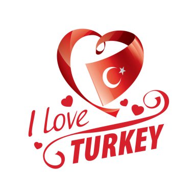 Türkiye 'nin kalp şeklinde ulusal bayrağı ve Türkiye' yi sevdiğim yazılı yazı. Vektör illüstrasyonu